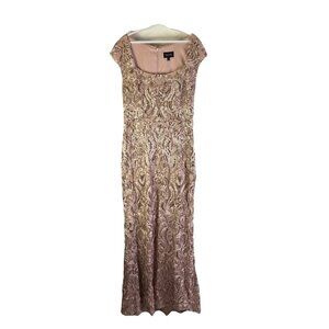 XSCAPE Dusty Rose Raised Ribbon Flower Sequin Godet Evening Gown Dress